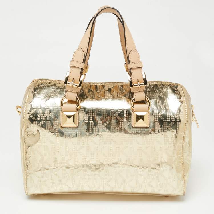 Pre Owned MICHAEL Michael Kors Metallic Gold Mirror Signature Leather Medium Grayson Satchel 