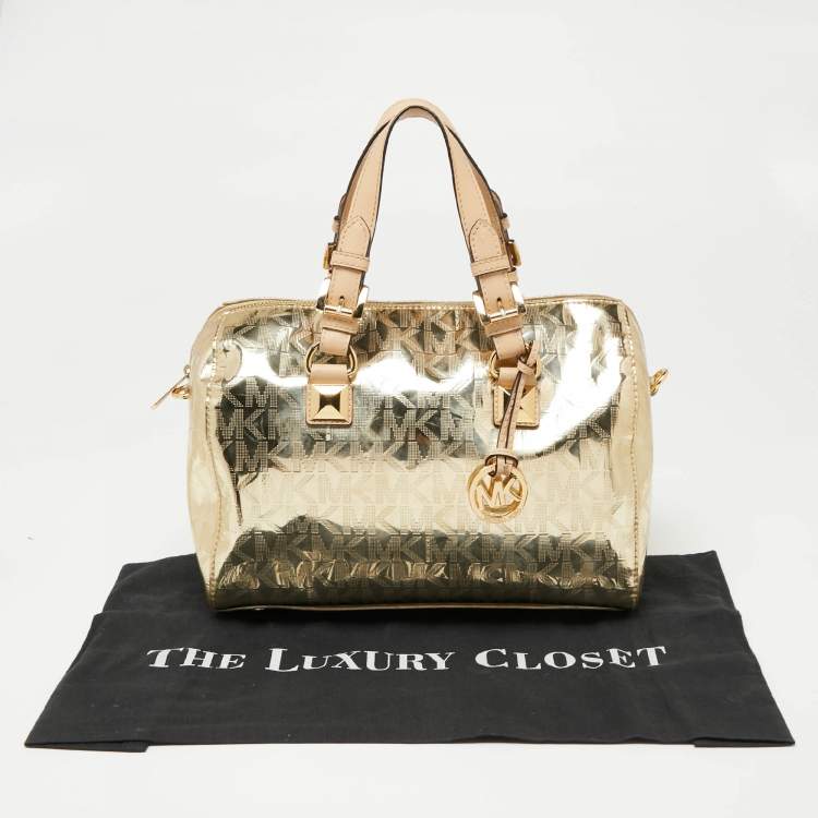 Pre Owned MICHAEL Michael Kors Metallic Gold Mirror Signature Leather Medium Grayson Satchel 