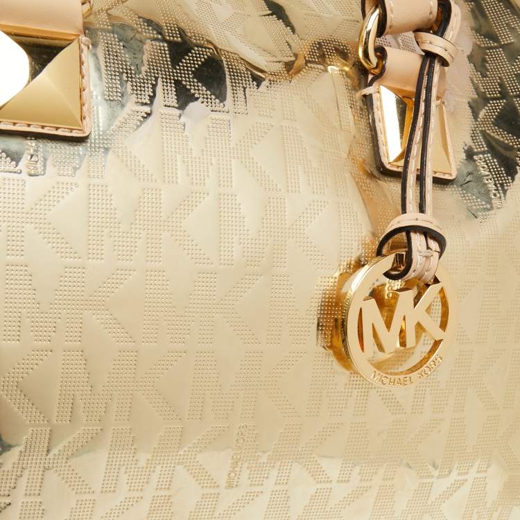 Pre Owned MICHAEL Michael Kors Metallic Gold Mirror Signature Leather Medium Grayson Satchel 