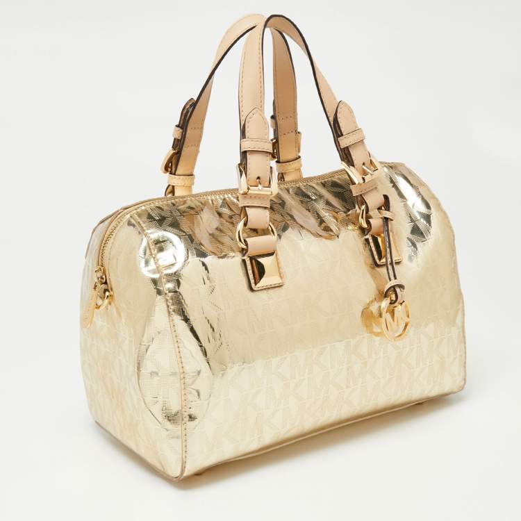 Pre Owned MICHAEL Michael Kors Metallic Gold Mirror Signature Leather Medium Grayson Satchel 