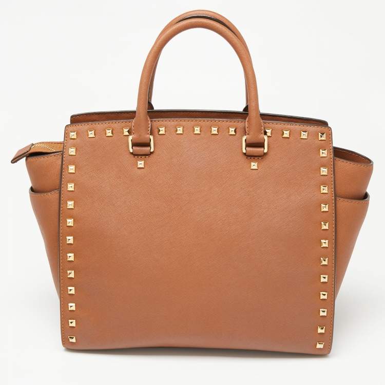 Pre Owned MICHAEL Michael Kors Brown Saffiano Studded Leather Large Selma Satchel