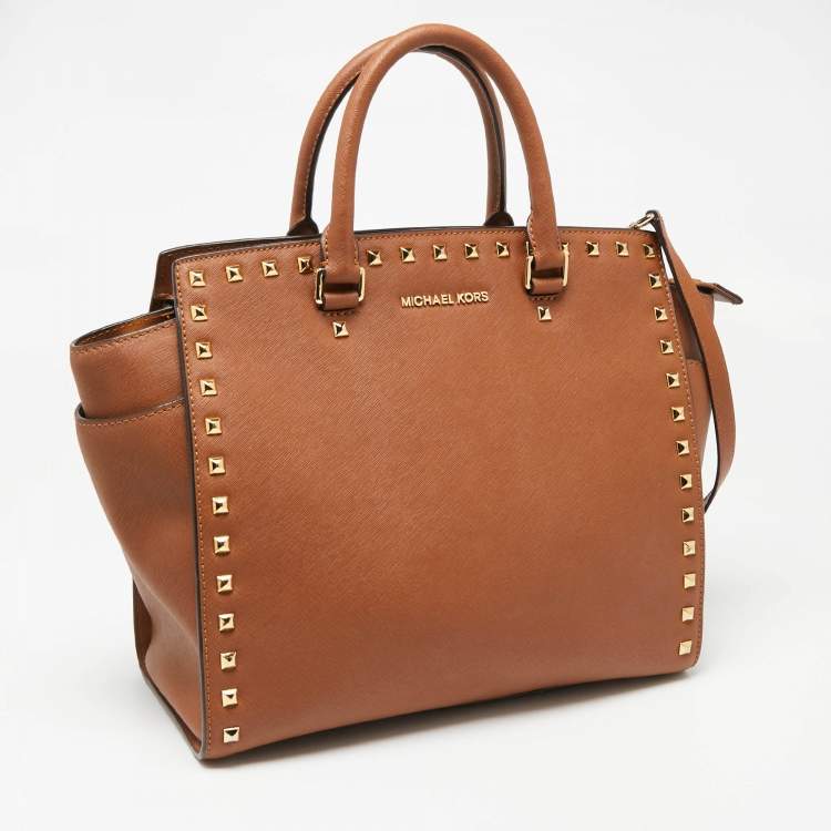 Pre Owned MICHAEL Michael Kors Brown Saffiano Studded Leather Large Selma Satchel