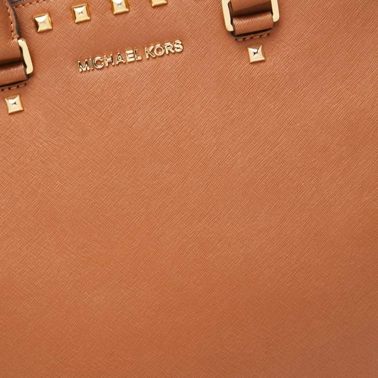 Pre Owned MICHAEL Michael Kors Brown Saffiano Studded Leather Large Selma Satchel