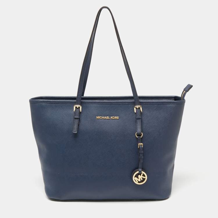 Pre Owned MICHAEL Michael Kors Blue Leather Medium Jet Set Travel Tote