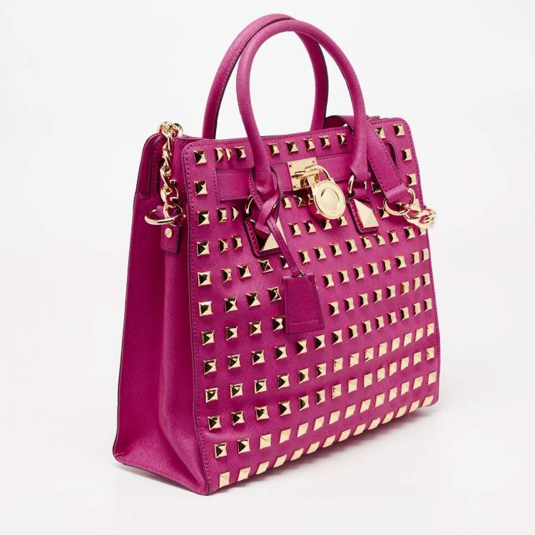 Pre Owned MICHAEL Michael Kors Fuchsia Leather Large Studded Hamilton North South Tote