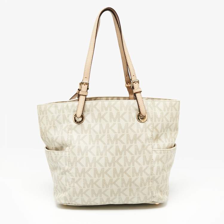 Pre Owned MICHAEL Michael Kors White/Beige Signature Coated Canvas and Leather Side Pocket Tote 