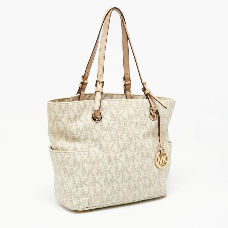 Pre Owned MICHAEL Michael Kors White/Beige Signature Coated Canvas and Leather Side Pocket Tote 