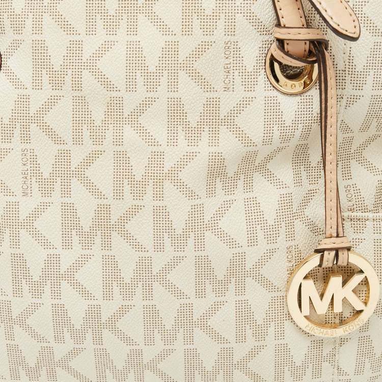Pre Owned MICHAEL Michael Kors White/Beige Signature Coated Canvas and Leather Side Pocket Tote 