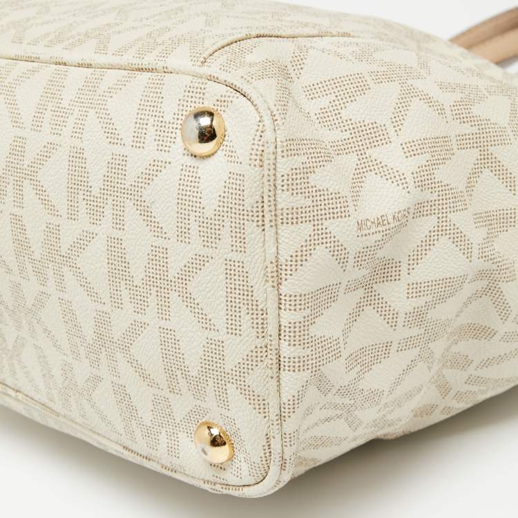 Pre Owned MICHAEL Michael Kors White/Beige Signature Coated Canvas and Leather Side Pocket Tote 
