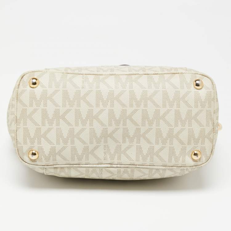 Pre Owned MICHAEL Michael Kors White/Beige Signature Coated Canvas and Leather Side Pocket Tote 