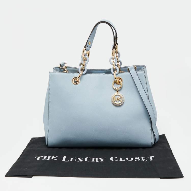 Pre Owned MICHAEL Michael Kors Light Blue Saffiano Leather Medium Cynthia Tote