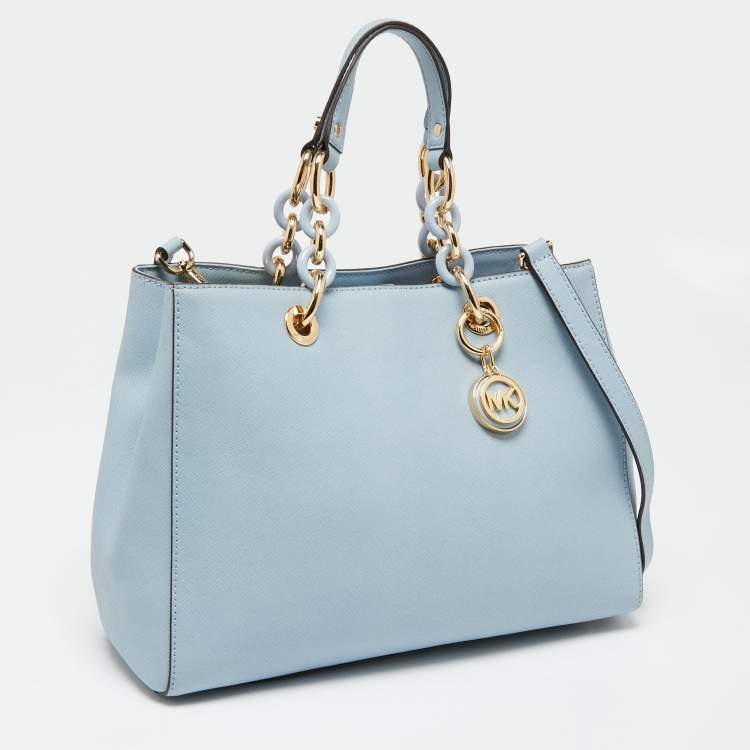 Pre Owned MICHAEL Michael Kors Light Blue Saffiano Leather Medium Cynthia Tote