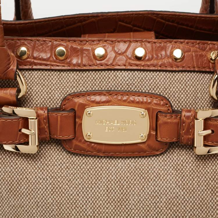 Pre Owned Michael Kors Beige/Brown Canvas and Leather Large Studded Hamilton Tote