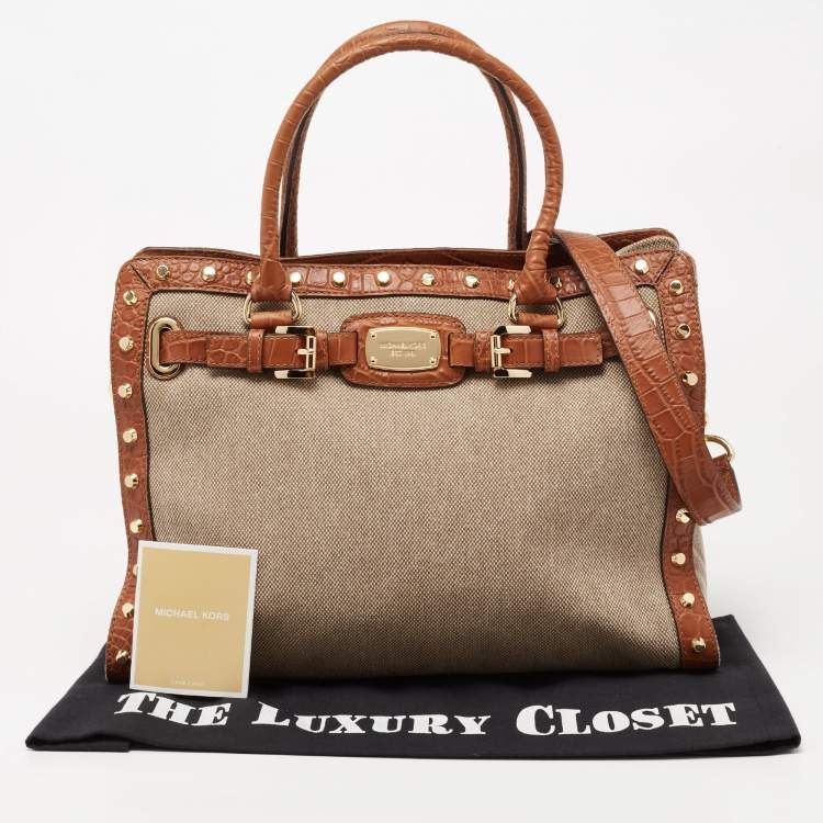 Pre Owned Michael Kors Beige/Brown Canvas and Leather Large Studded Hamilton Tote