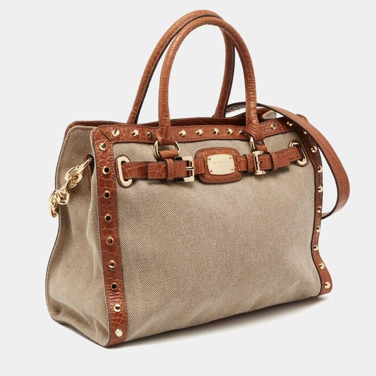 Pre Owned Michael Kors Beige/Brown Canvas and Leather Large Studded Hamilton Tote