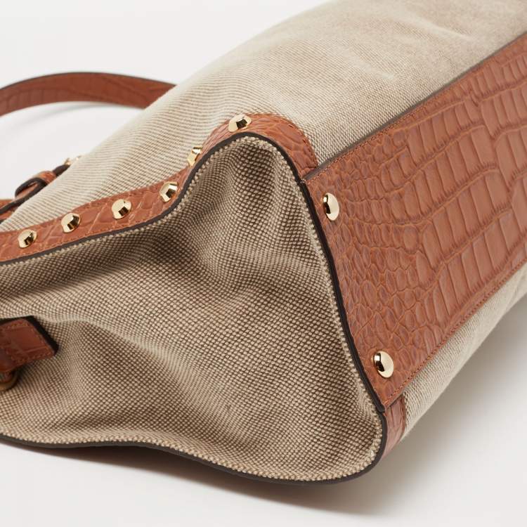 Pre Owned Michael Kors Beige/Brown Canvas and Leather Large Studded Hamilton Tote