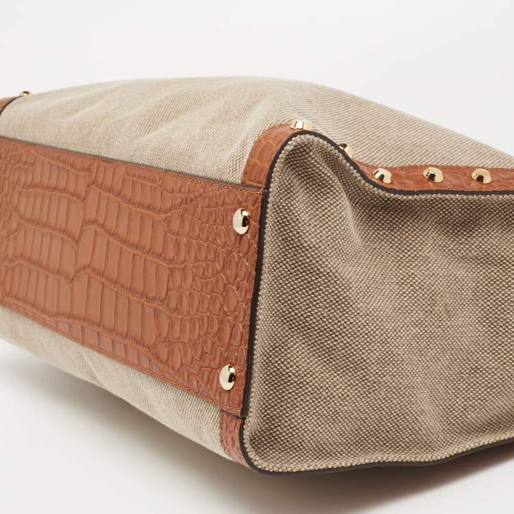 Pre Owned Michael Kors Beige/Brown Canvas and Leather Large Studded Hamilton Tote