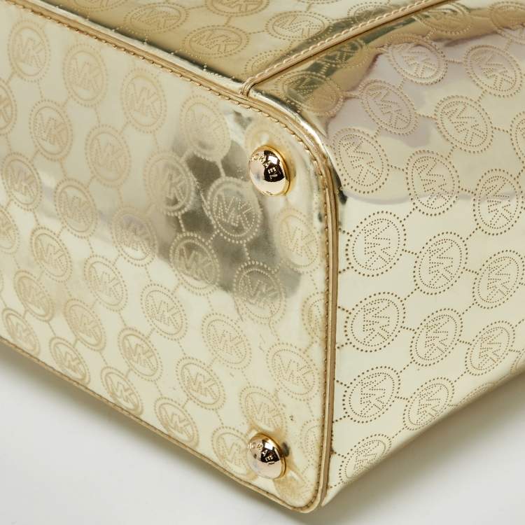 Pre Owned MICHAEL Michael Kors Metallic Gold Mirror Signature PVC and Leather East-West Tote