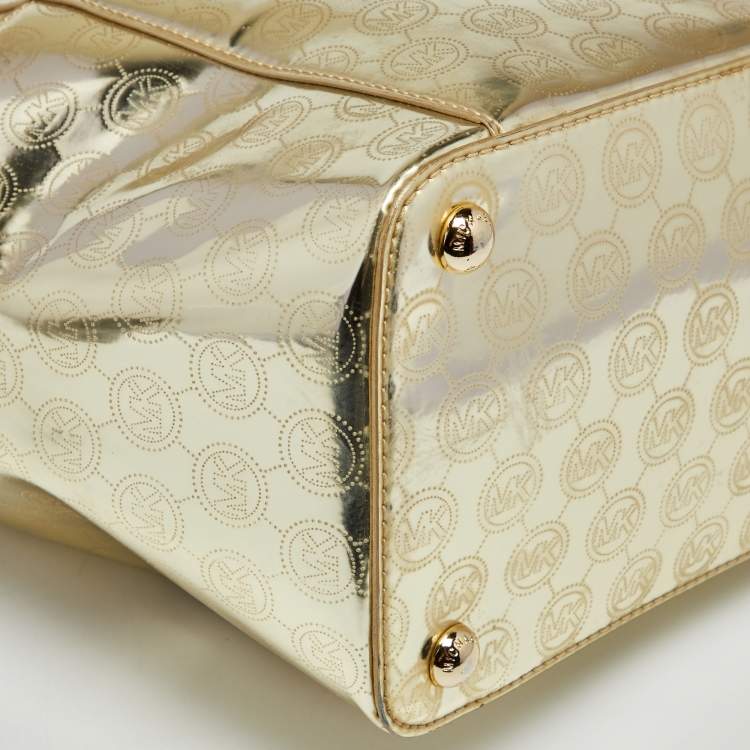 Pre Owned MICHAEL Michael Kors Metallic Gold Mirror Signature PVC and Leather East-West Tote