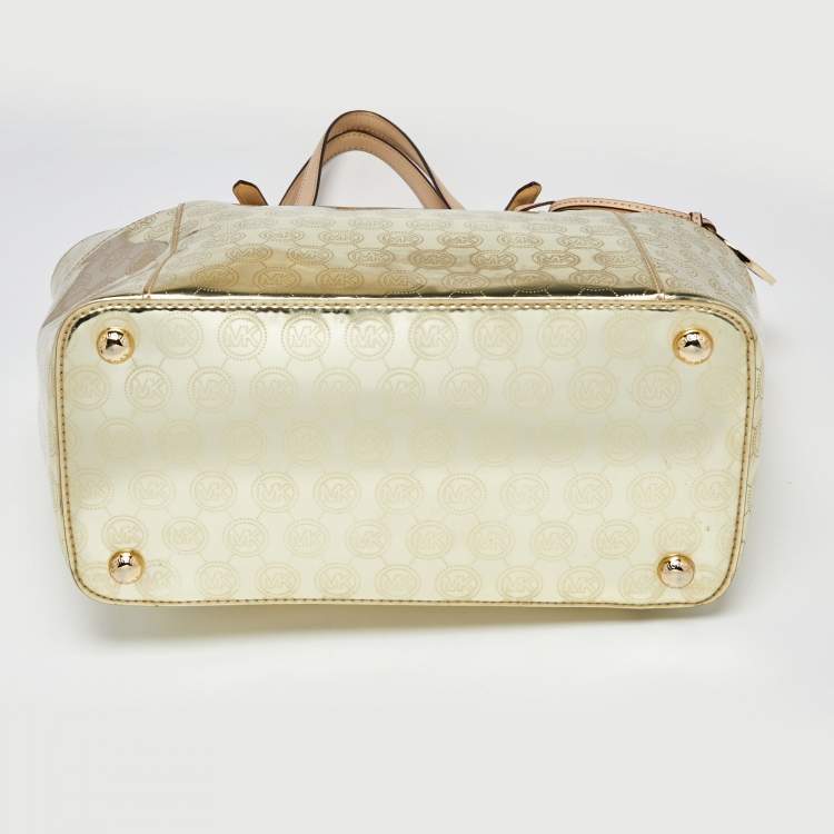 Pre Owned MICHAEL Michael Kors Metallic Gold Mirror Signature PVC and Leather East-West Tote
