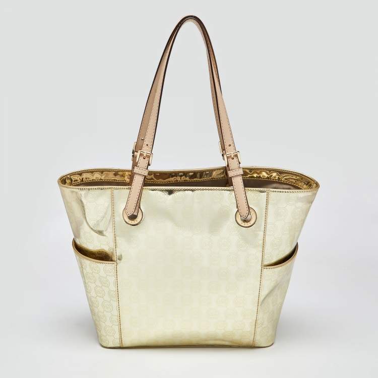 Pre Owned MICHAEL Michael Kors Metallic Gold Mirror Signature PVC and Leather East-West Tote