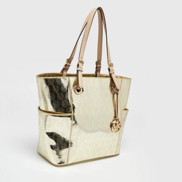 Pre Owned MICHAEL Michael Kors Metallic Gold Mirror Signature PVC and Leather East-West Tote