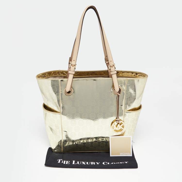 Pre Owned MICHAEL Michael Kors Metallic Gold Mirror Signature PVC and Leather East-West Tote
