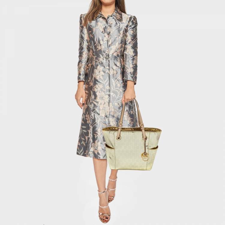 Pre Owned MICHAEL Michael Kors Metallic Gold Mirror Signature PVC and Leather East-West Tote