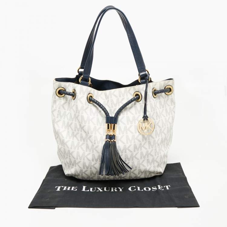 Pre Owned MICHAEL Michael Kors Navy Blue/White Signature Coated Canvas and Leather Gathered Tote