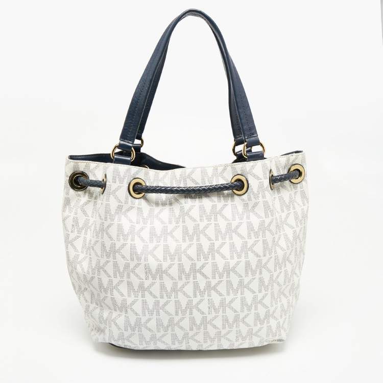 Pre Owned MICHAEL Michael Kors Navy Blue/White Signature Coated Canvas and Leather Gathered Tote