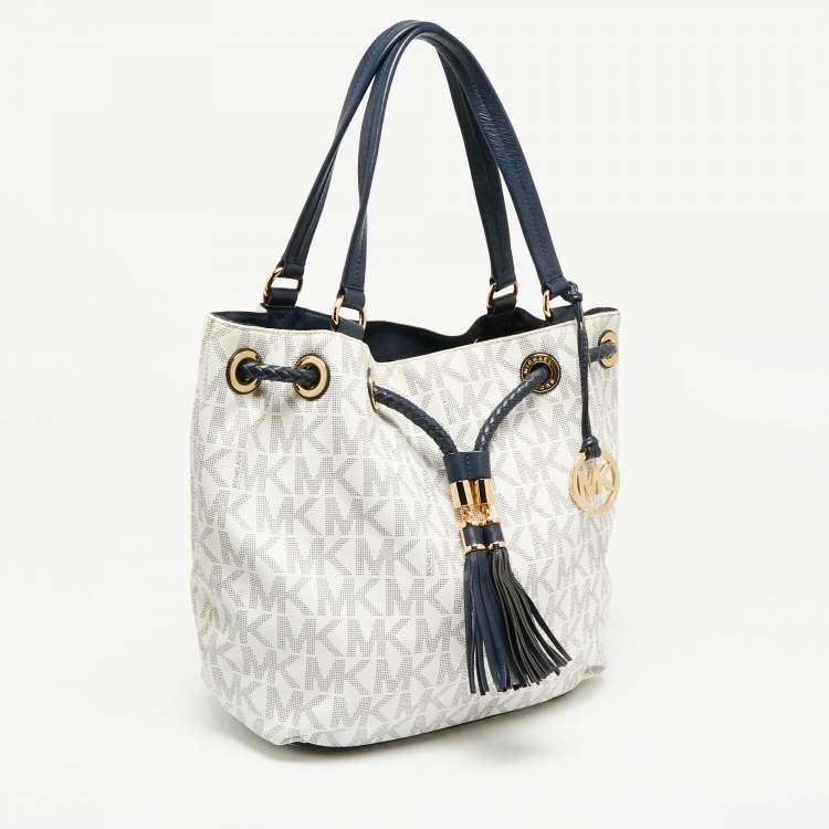 Pre Owned MICHAEL Michael Kors Navy Blue/White Signature Coated Canvas and Leather Gathered Tote