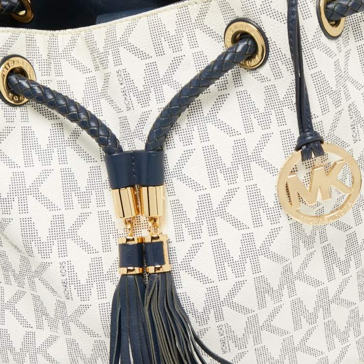 Pre Owned MICHAEL Michael Kors Navy Blue/White Signature Coated Canvas and Leather Gathered Tote