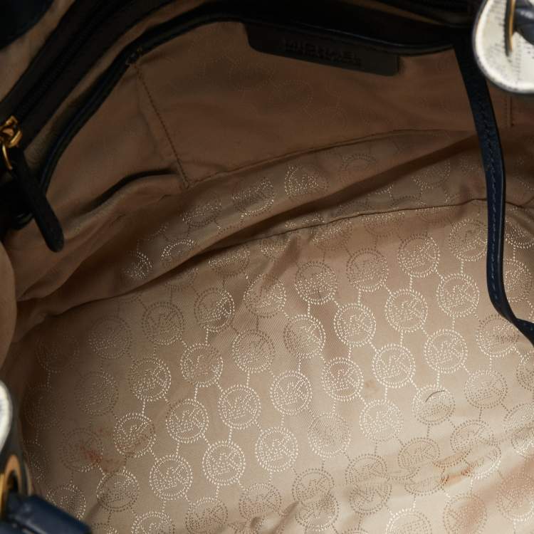 Pre Owned MICHAEL Michael Kors Navy Blue/White Signature Coated Canvas and Leather Gathered Tote