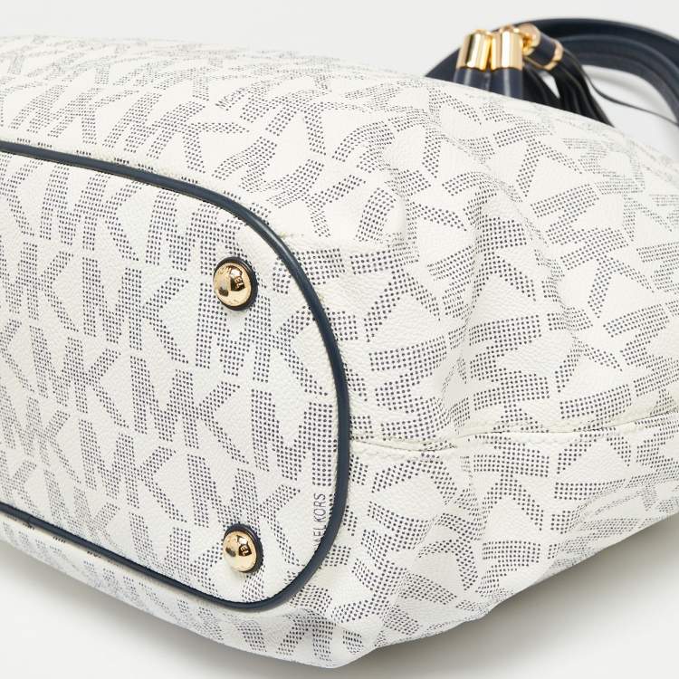 Pre Owned MICHAEL Michael Kors Navy Blue/White Signature Coated Canvas and Leather Gathered Tote