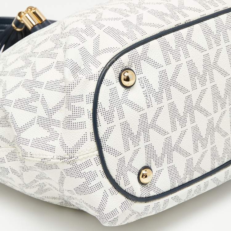 Pre Owned MICHAEL Michael Kors Navy Blue/White Signature Coated Canvas and Leather Gathered Tote