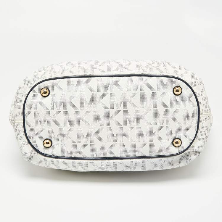 Pre Owned MICHAEL Michael Kors Navy Blue/White Signature Coated Canvas and Leather Gathered Tote