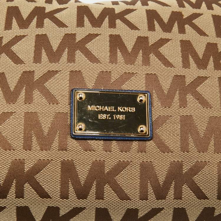 Pre Owned MICHAEL Michael Kors Beige/Blue Signature Canvas and Leather Hobo 
