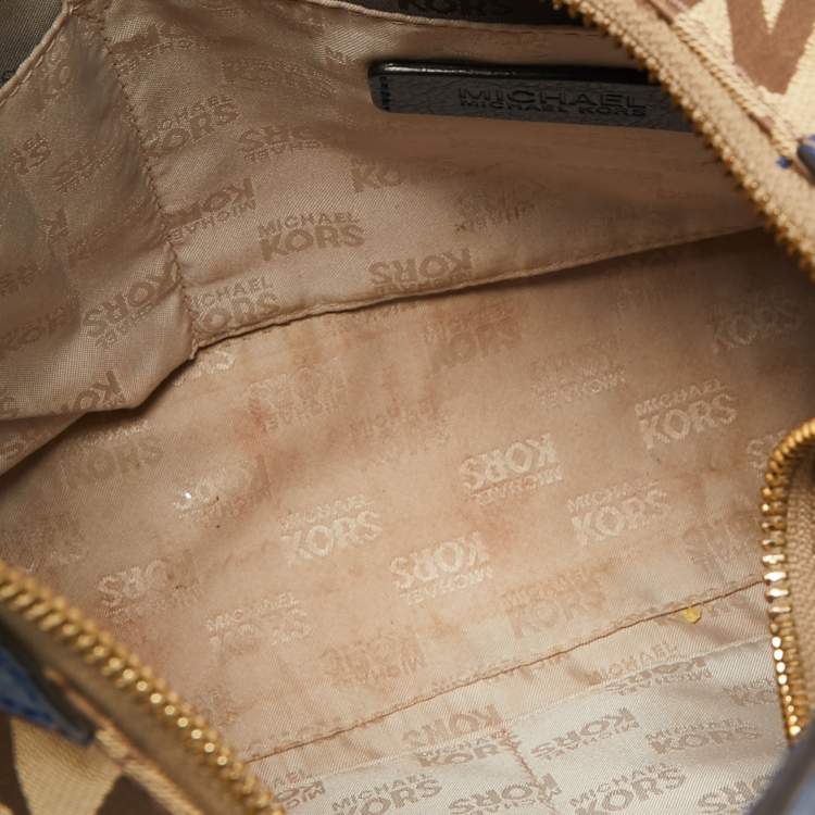 Pre Owned MICHAEL Michael Kors Beige/Blue Signature Canvas and Leather Hobo 