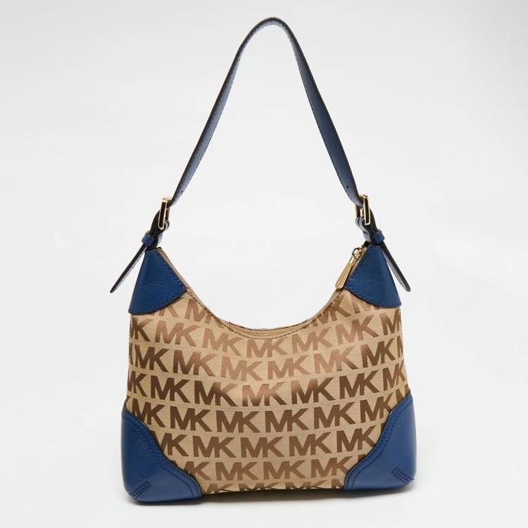 Pre Owned MICHAEL Michael Kors Beige/Blue Signature Canvas and Leather Hobo 