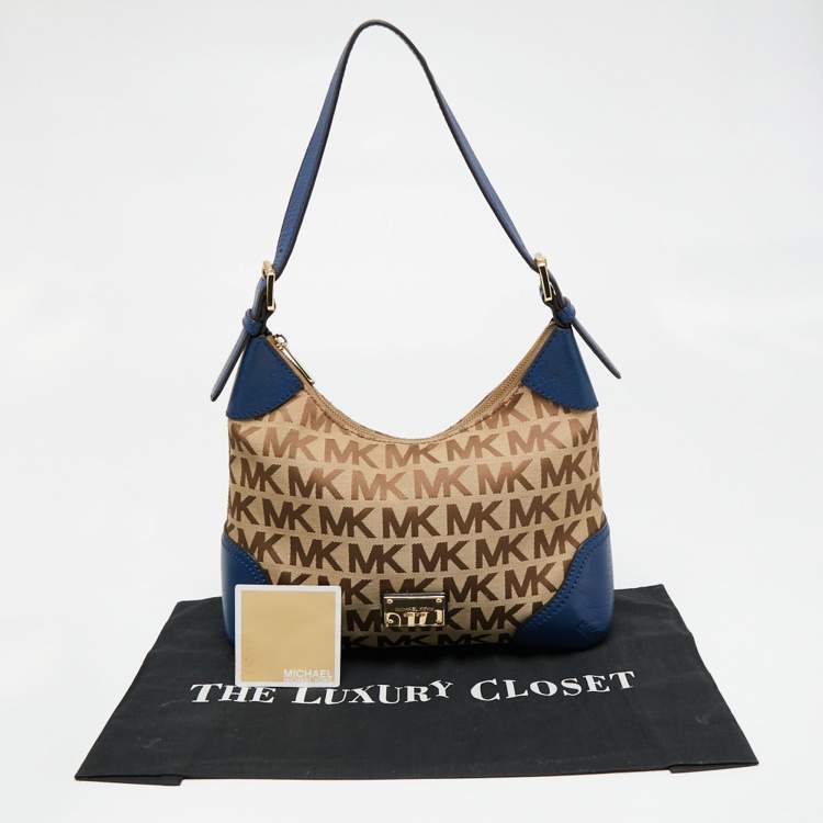 Pre Owned MICHAEL Michael Kors Beige/Blue Signature Canvas and Leather Hobo 