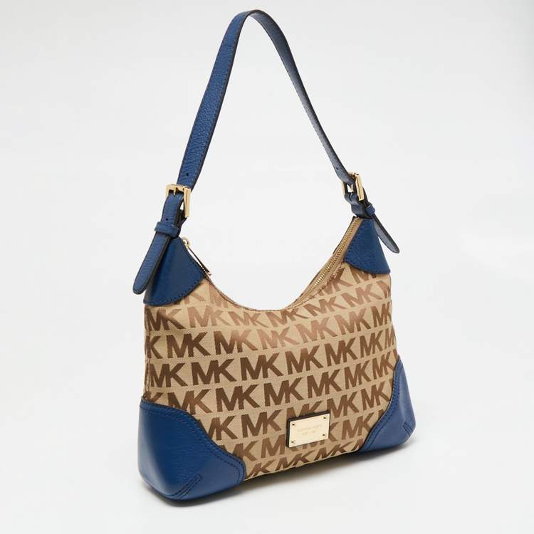 Pre Owned MICHAEL Michael Kors Beige/Blue Signature Canvas and Leather Hobo 