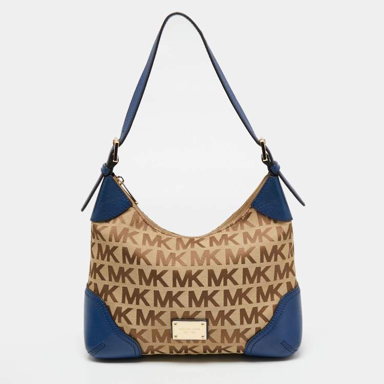 Pre Owned MICHAEL Michael Kors Beige/Blue Signature Canvas and Leather Hobo 
