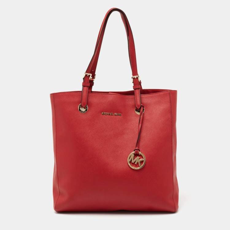 Pre Owned MICHAEL Michael Kors Red Leather Jet Set Vertical Tote
