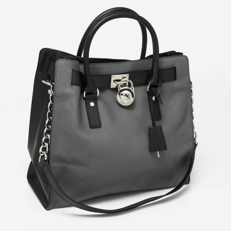 Pre Owned MICHAEL Michael Kors Grey/Black Leather Large Hamilton North South Tote