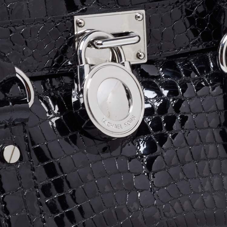 Pre Owned MICHAEL Michael Kors Black Croc Embossed Patent Leather Hamilton Tote