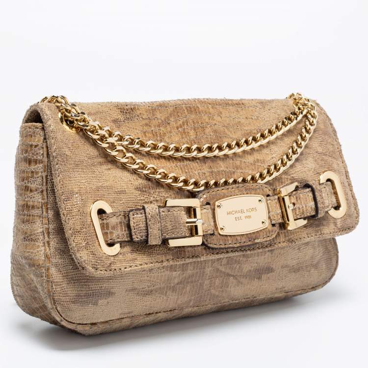 Pre Owned MICHAEL Michael Kors Olive Green Python Embossed Leather Hamilton Flap Shoulder Bag