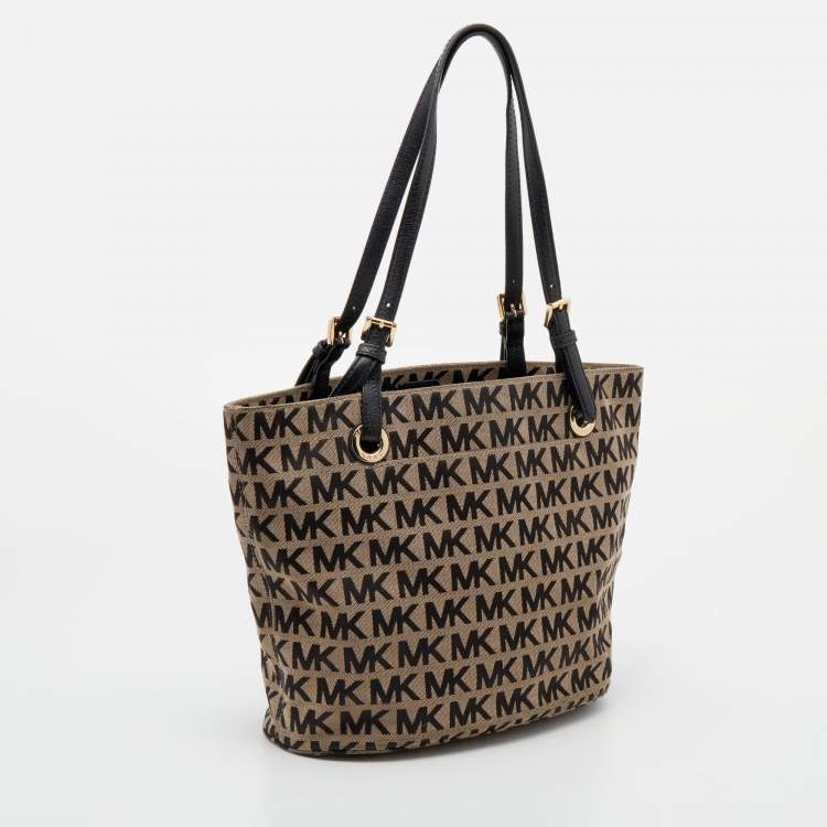 Pre Owned MICHAEL Michael Kors Beige/Black Signature Canvas and Leather Jet Set Tote