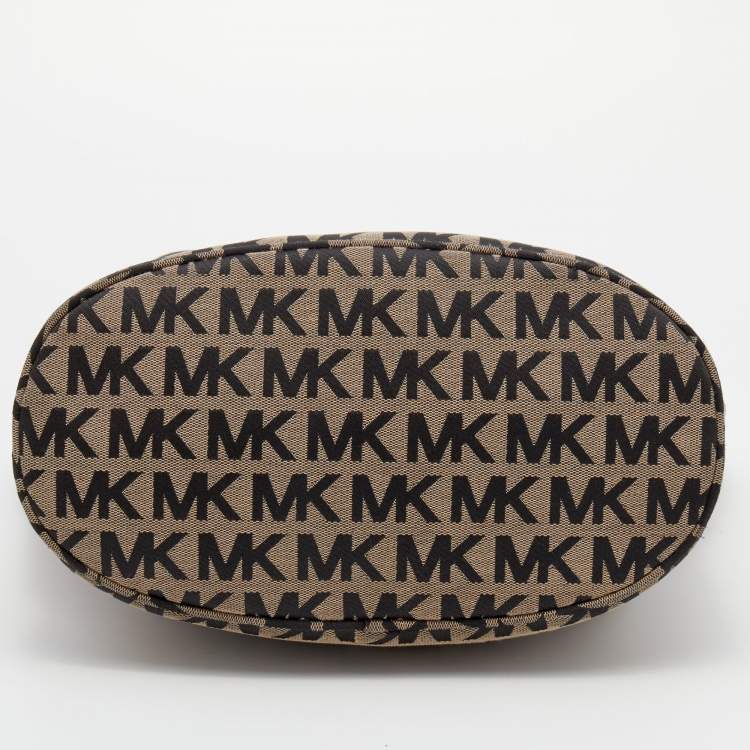Pre Owned MICHAEL Michael Kors Beige/Black Signature Canvas and Leather Jet Set Tote