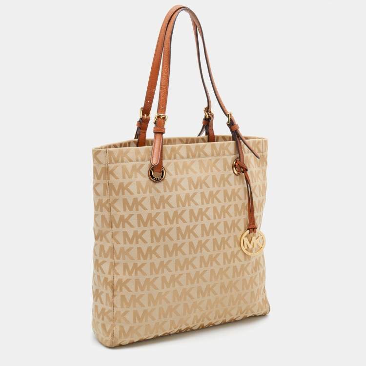Pre Owned MICHAEL Michael Kors Beige/Brown Signature Canvas And Leather Jet Set Tote