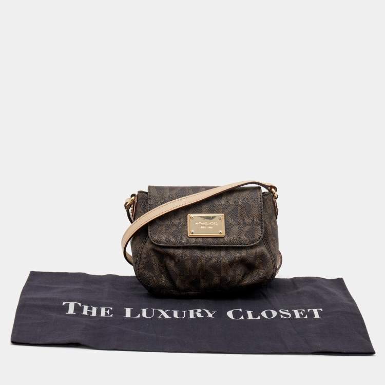 Pre Owned MICHAEL Michael Kors Brown Signature Coated Canvas And Leather Flap Crossbody Bag